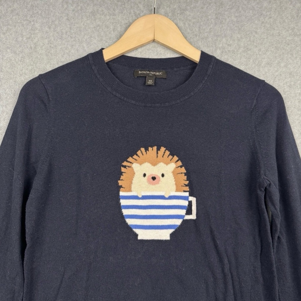 Banana Republic Sweater Womens XS Navy Hedgehog Teacup Graphic Cotton Pullover